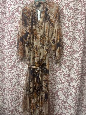 VICI Paisley & Floral Tie-Waist Maxi Dress in Brown and Cream
